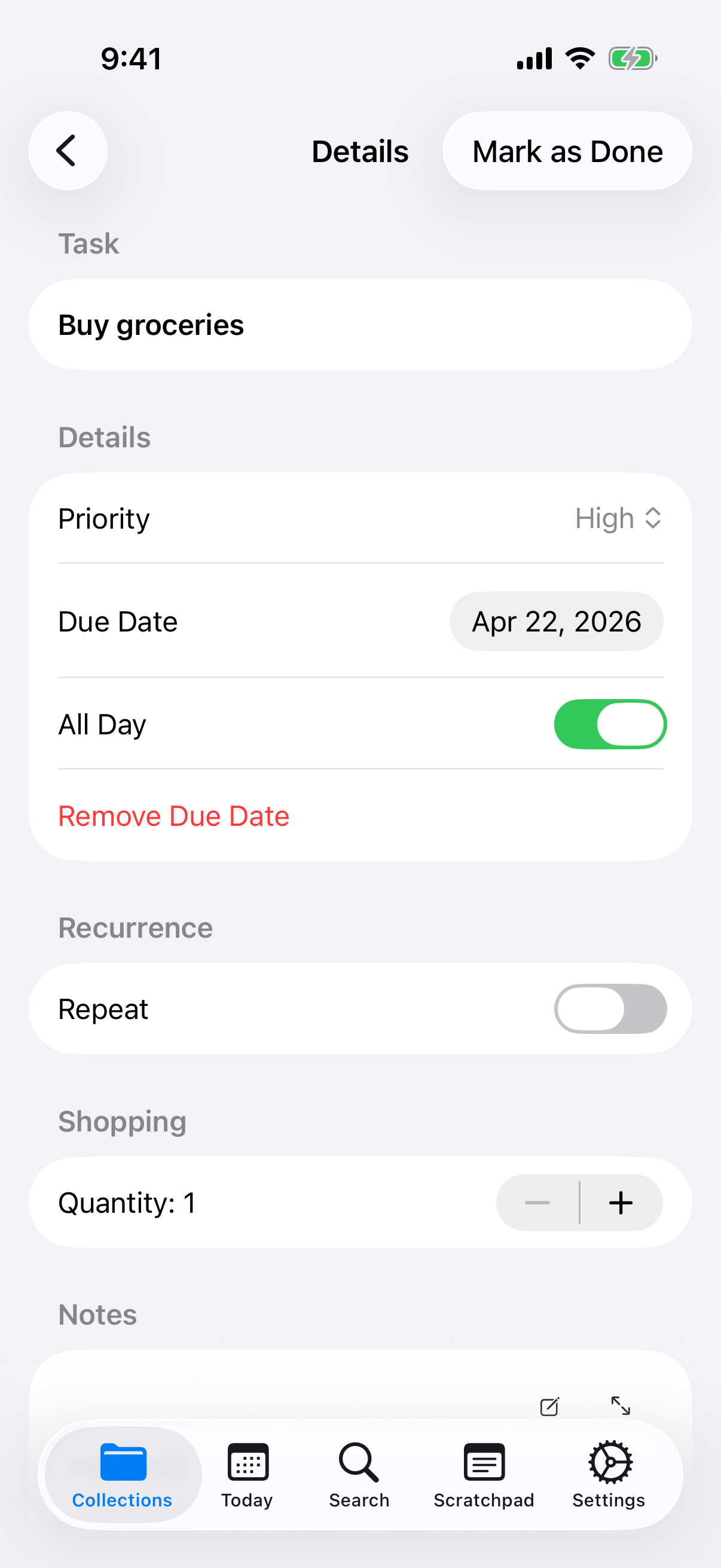 Task detail view